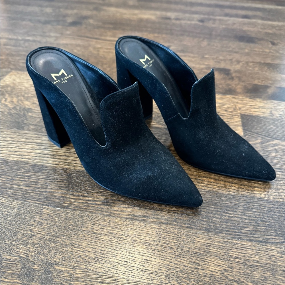 Black Suede Mules by Marc Fisher